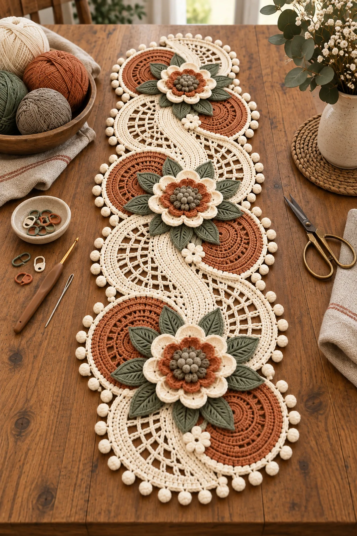 Cream terracotta sage and mushroom cotton yarn with crochet hook markers needle and scissors