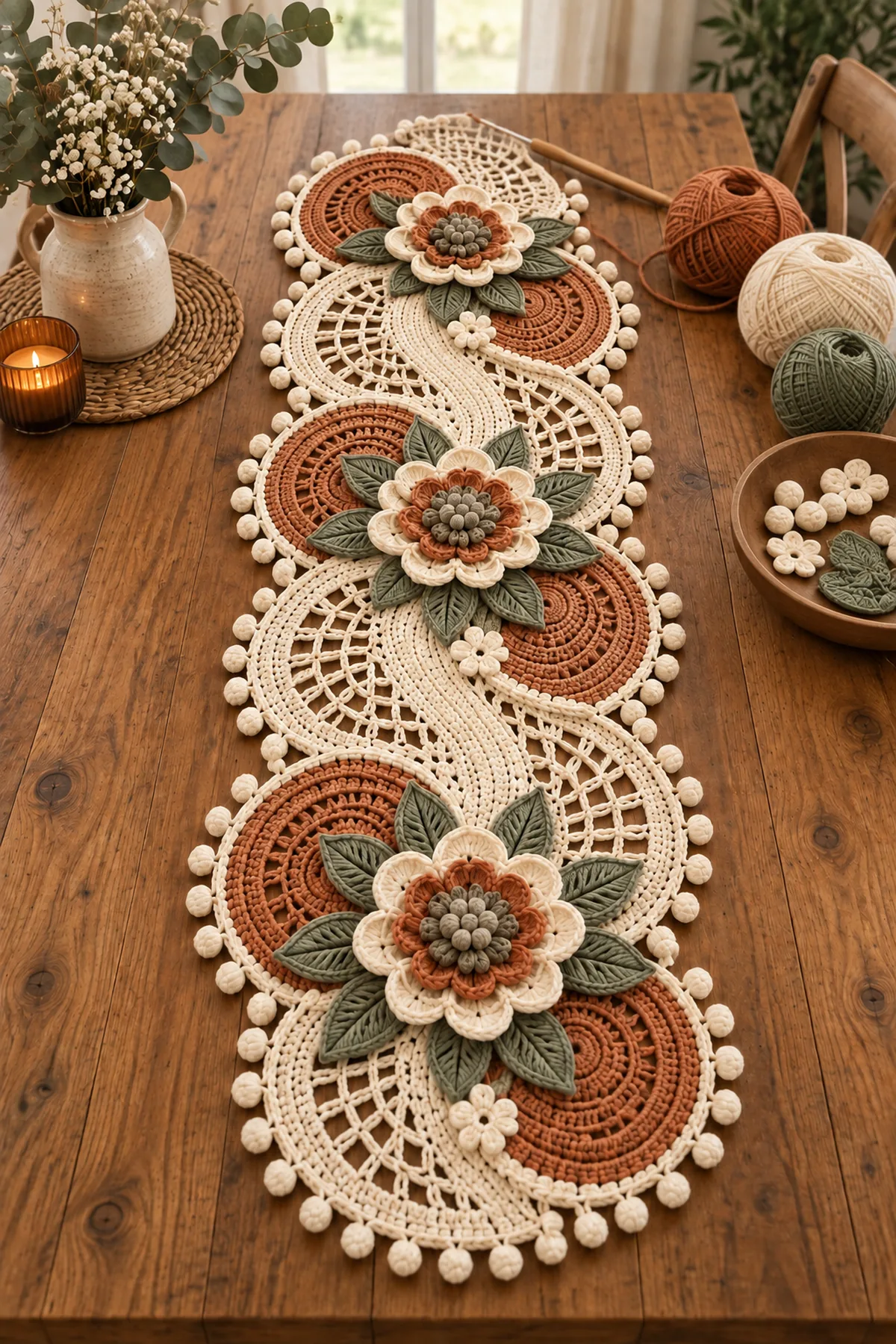 Cream and terracotta oval crochet medallion in progress