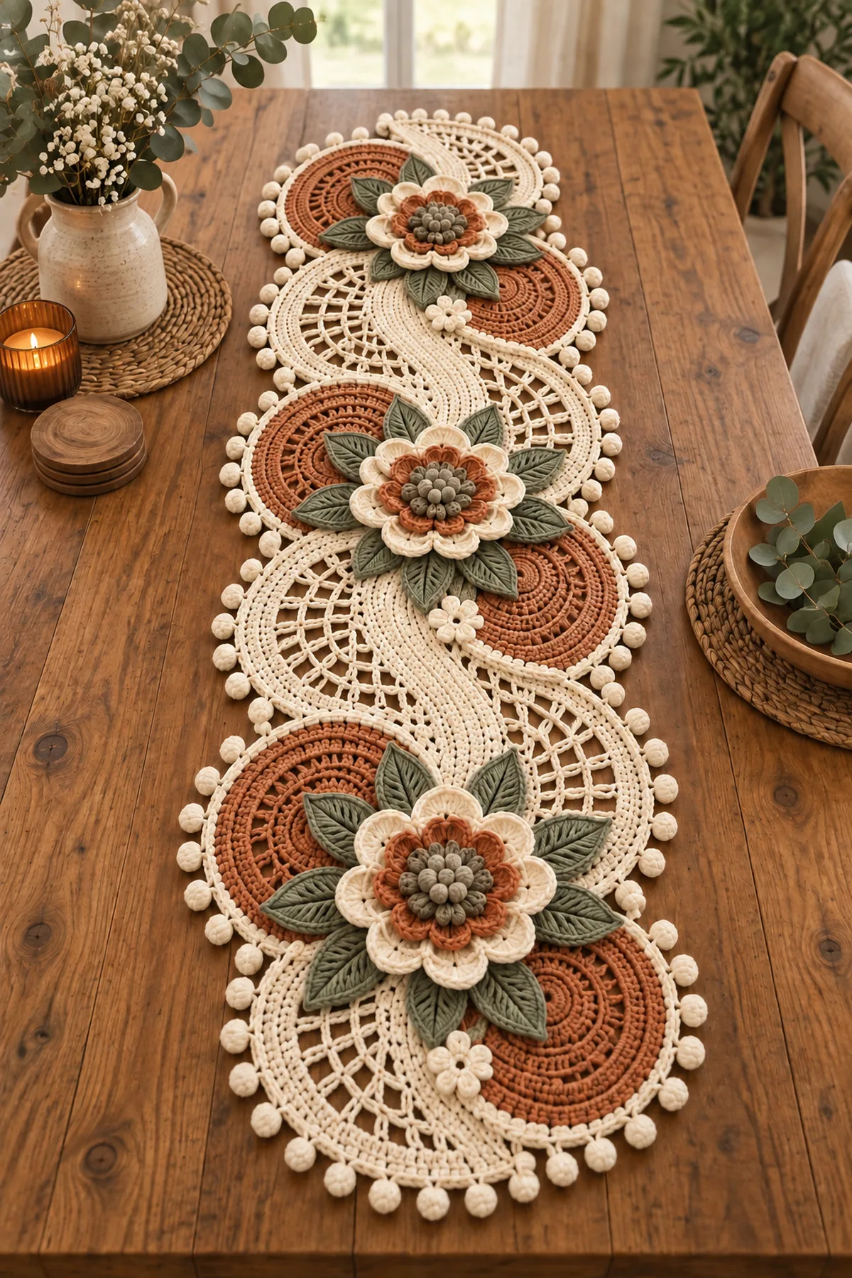 Five oval medallions with layered flowers and sage leaves pinned for assembly