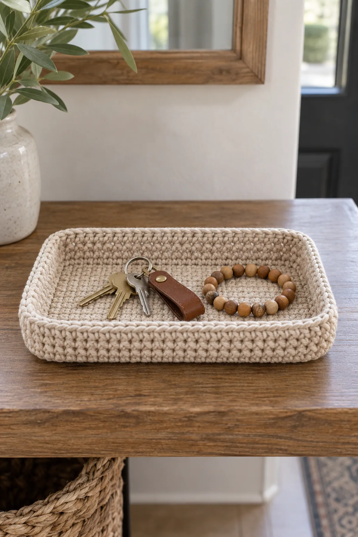 Finished small crochet catchall tray basket displayed with a clean handmade finish