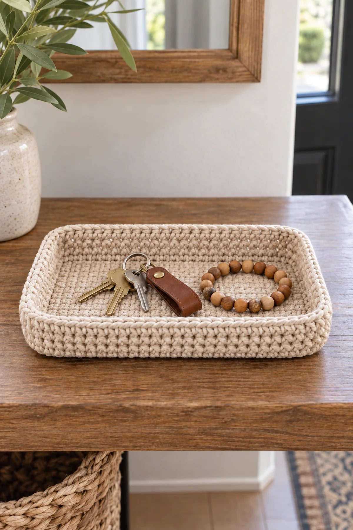 Finished small crochet catchall tray basket styled in a bright natural setting