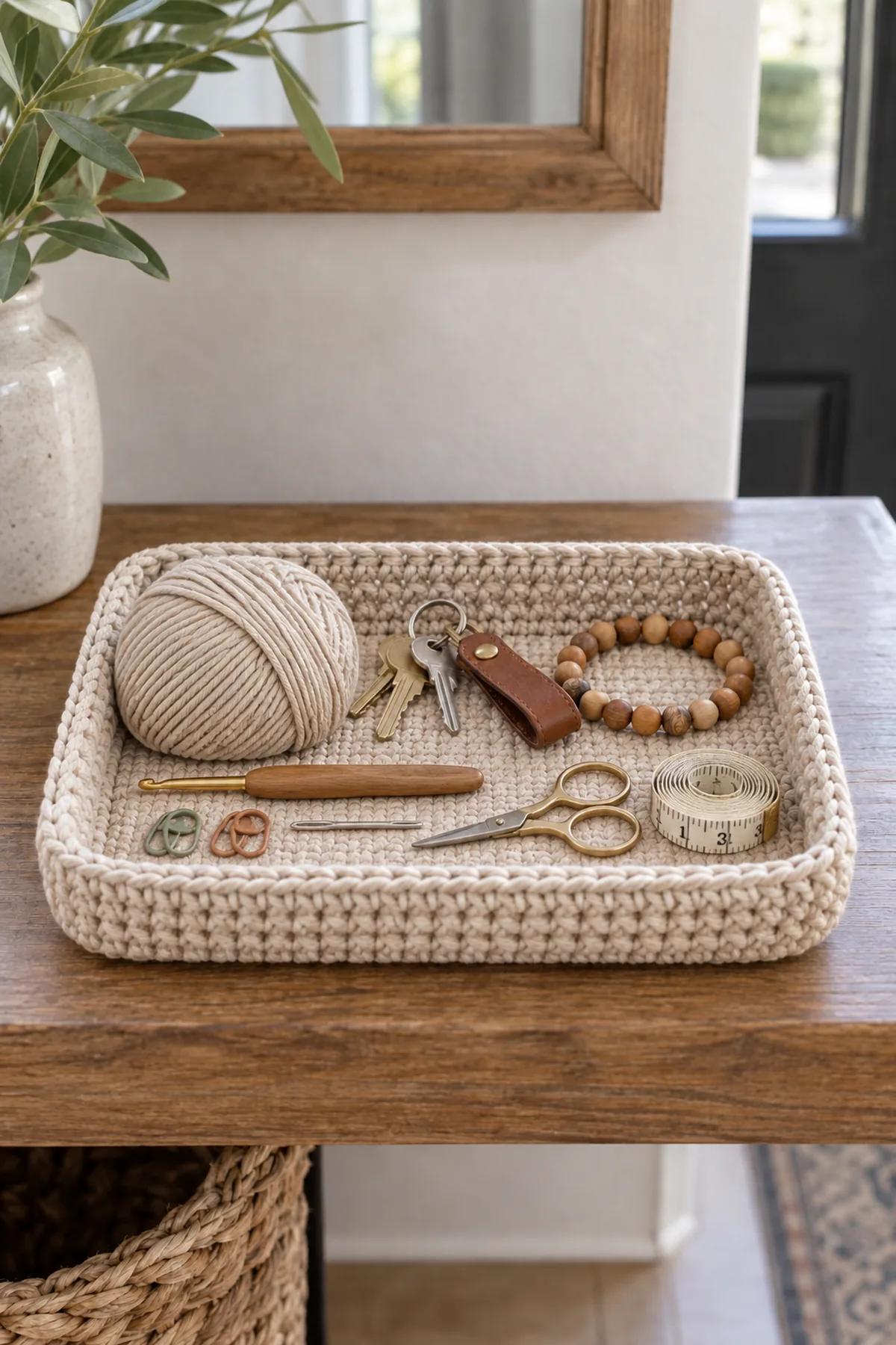 Materials for small crochet catchall tray basket including yarn, crochet hook, markers, needle, tape measure, and scissors