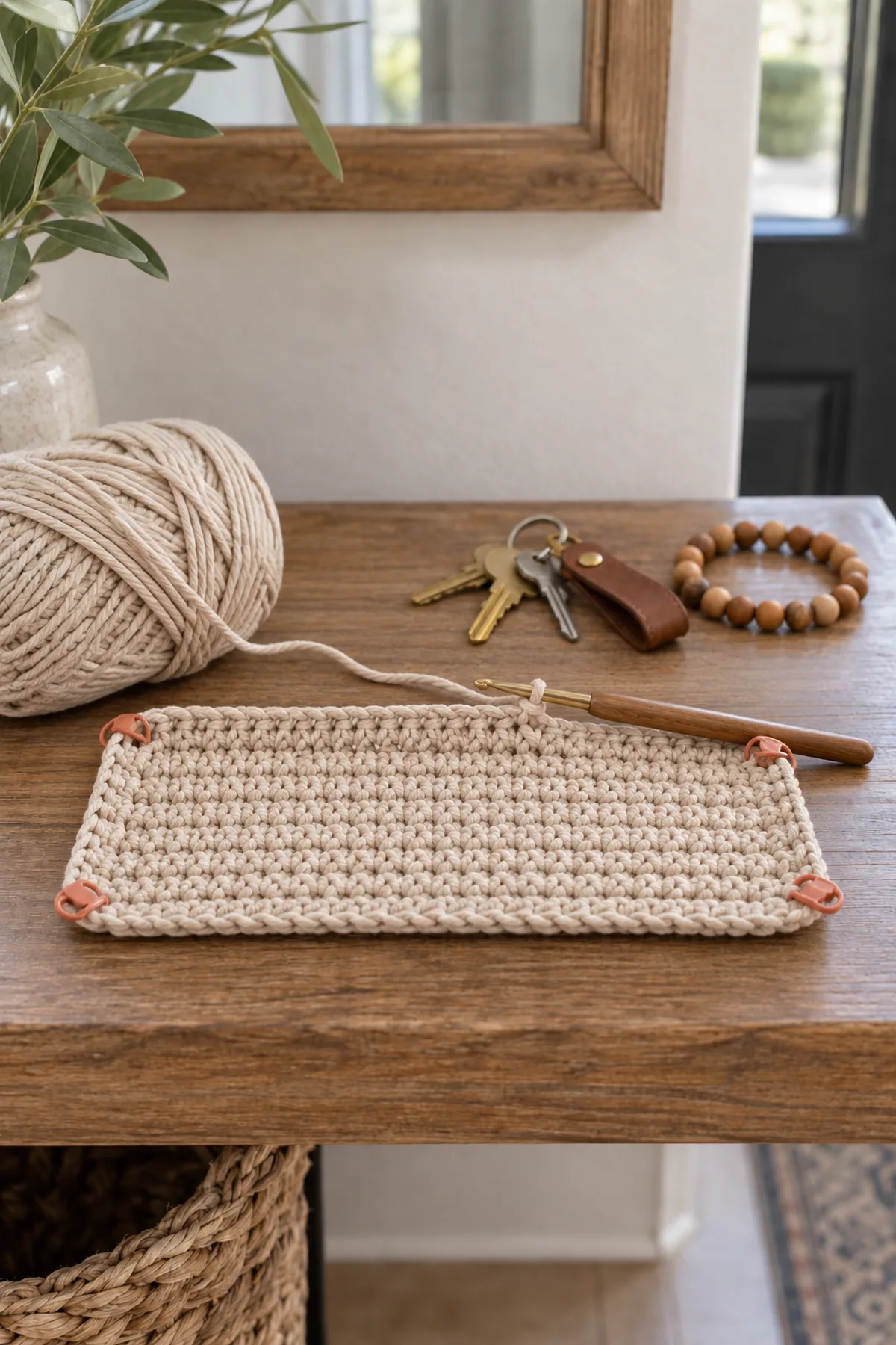 Early crochet construction stage for small crochet catchall tray basket with working yarn and hook
