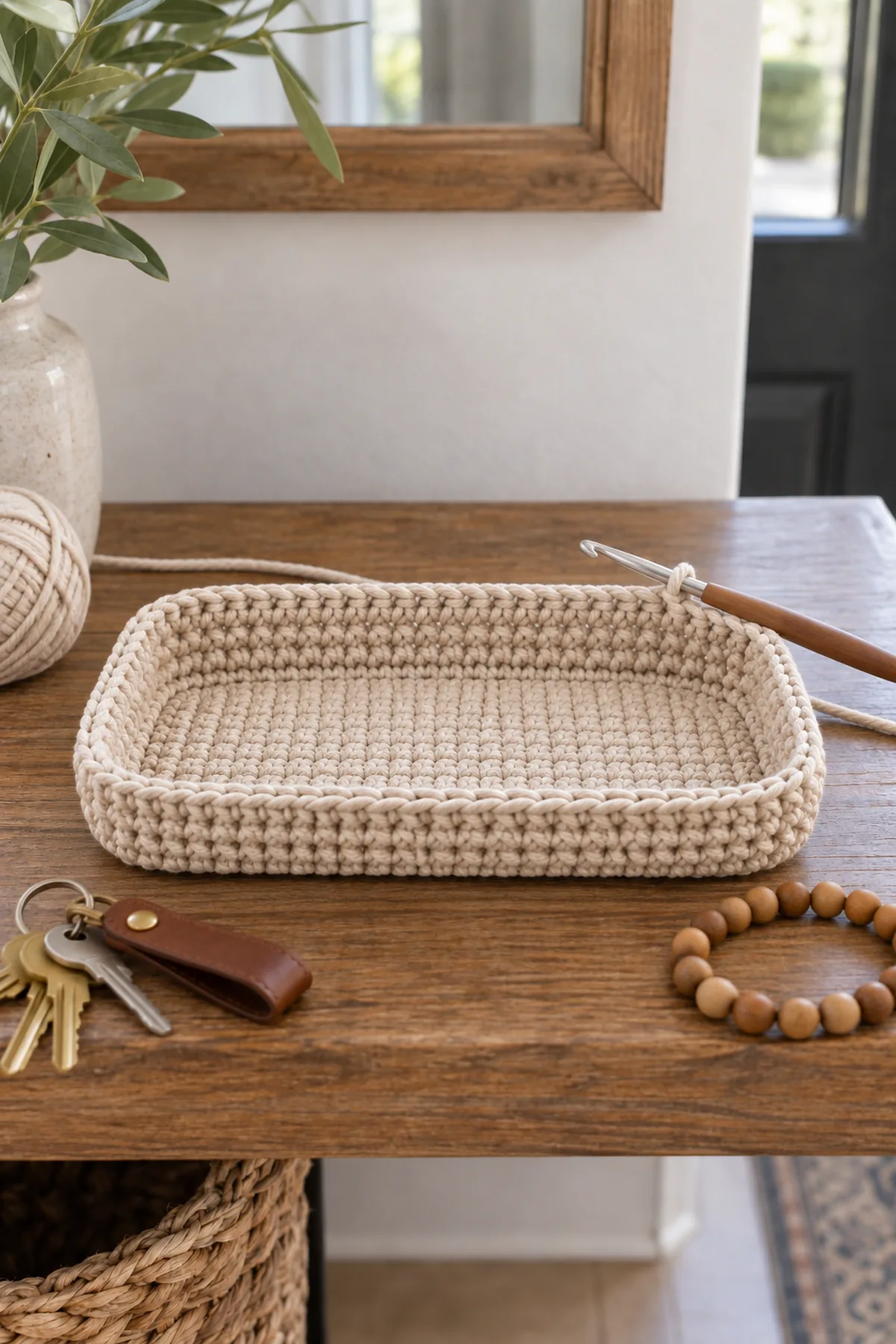 Mid-process crochet construction and shaping for small crochet catchall tray basket