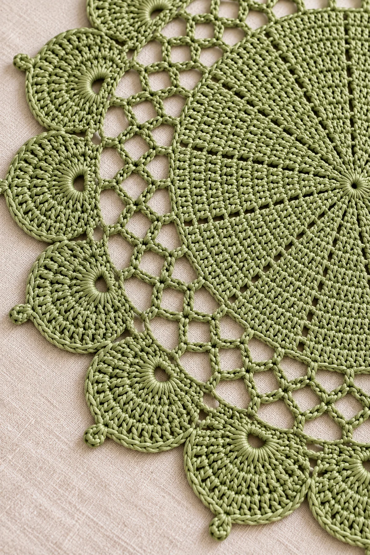 Close-up of sage radial fans chain lattice picots and broad scalloped edge