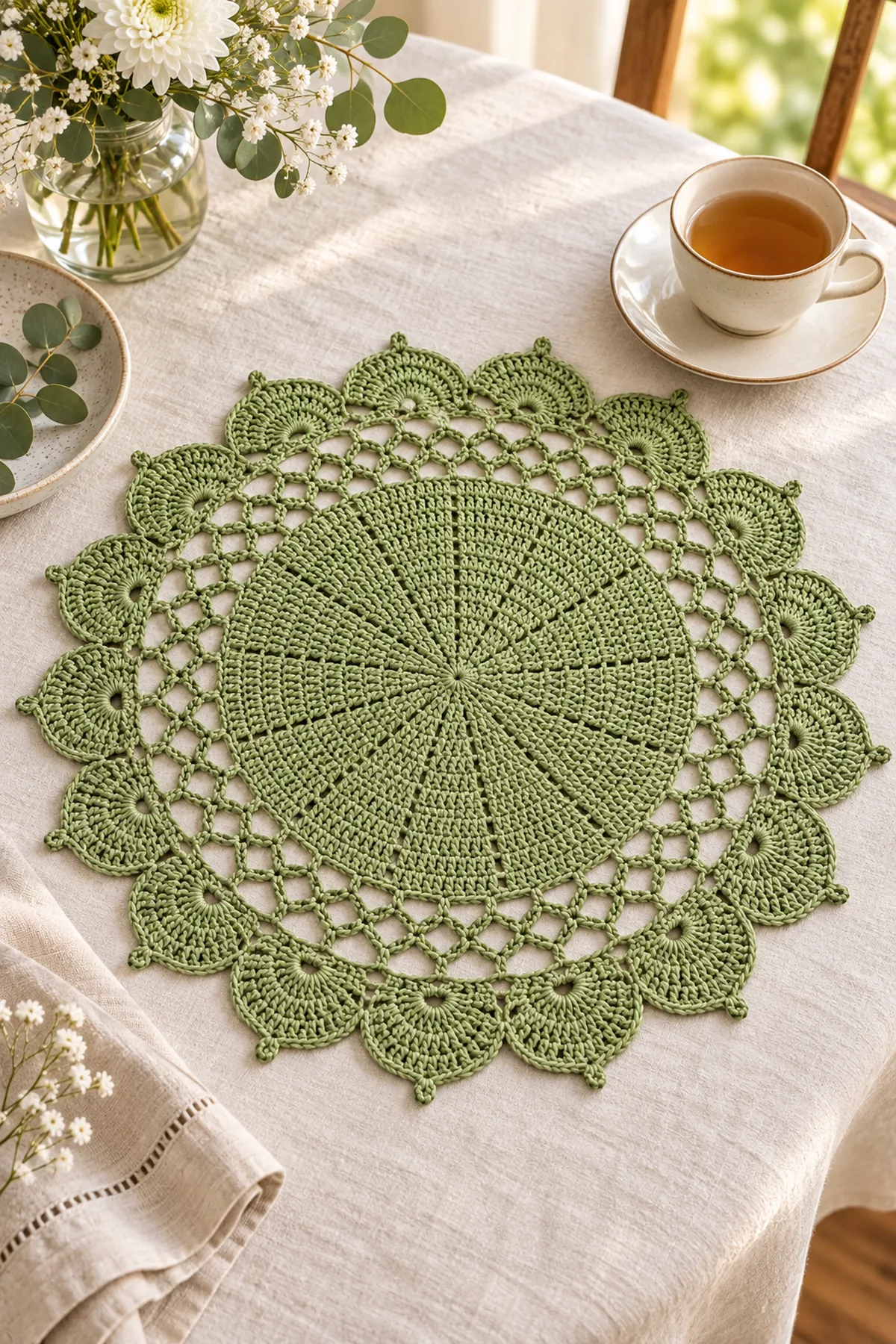 Finished sage green round crochet lace placemat with radial center and fan scallops