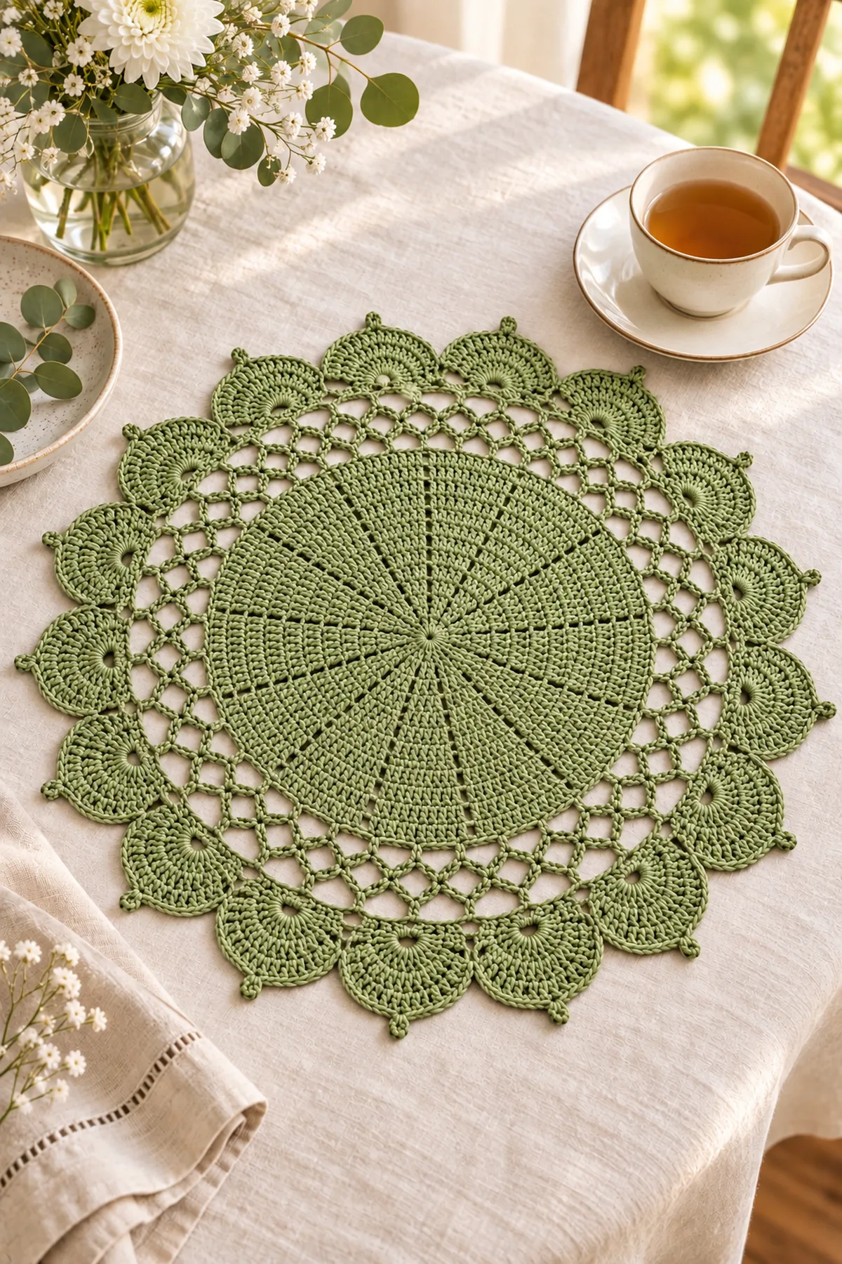 Sage crochet lace placemat styled with a cream cup and linen napkin