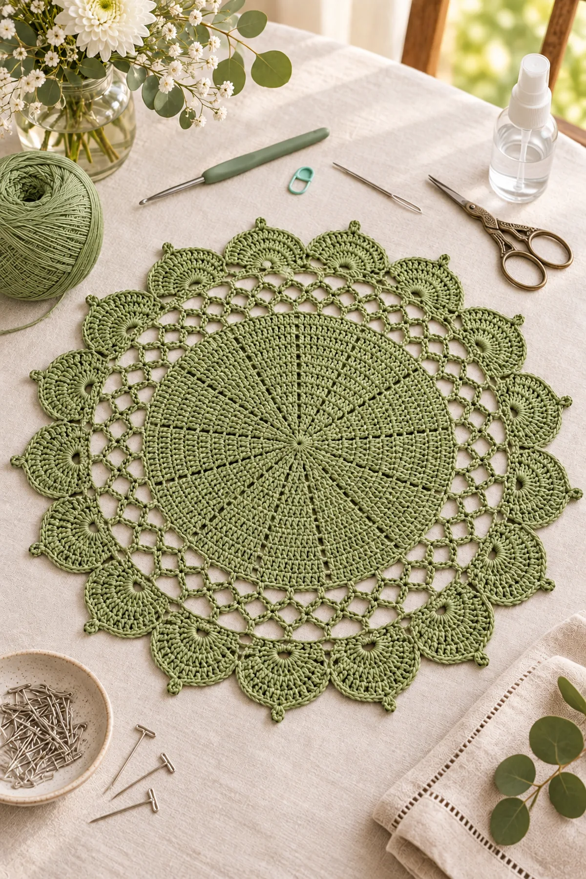 Sage sport cotton crochet hook marker needle scissors spray bottle and blocking pins