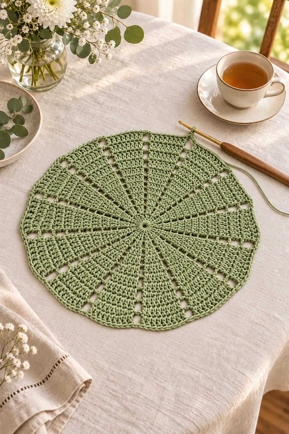 Sage crochet lace placemat after the first seven radial rounds