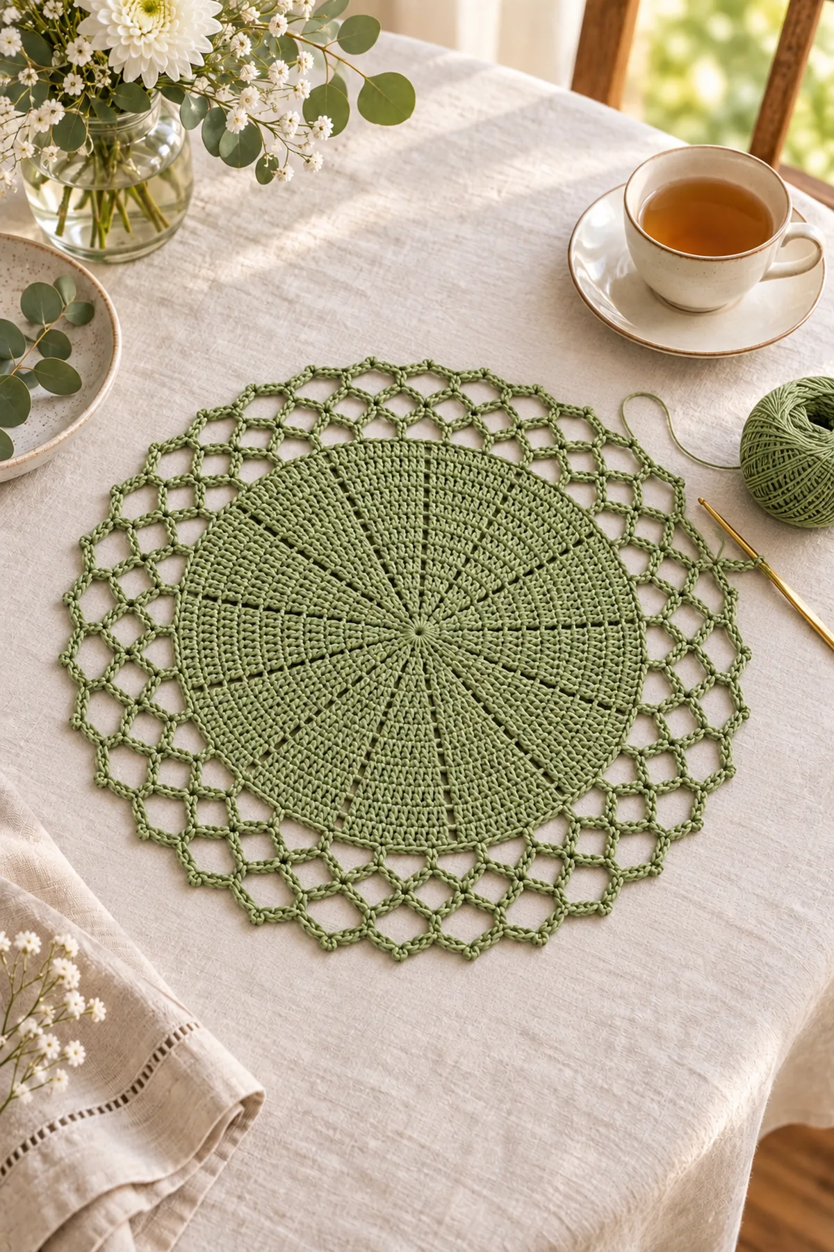 Round sage placemat with two diamond lattice rings in progress