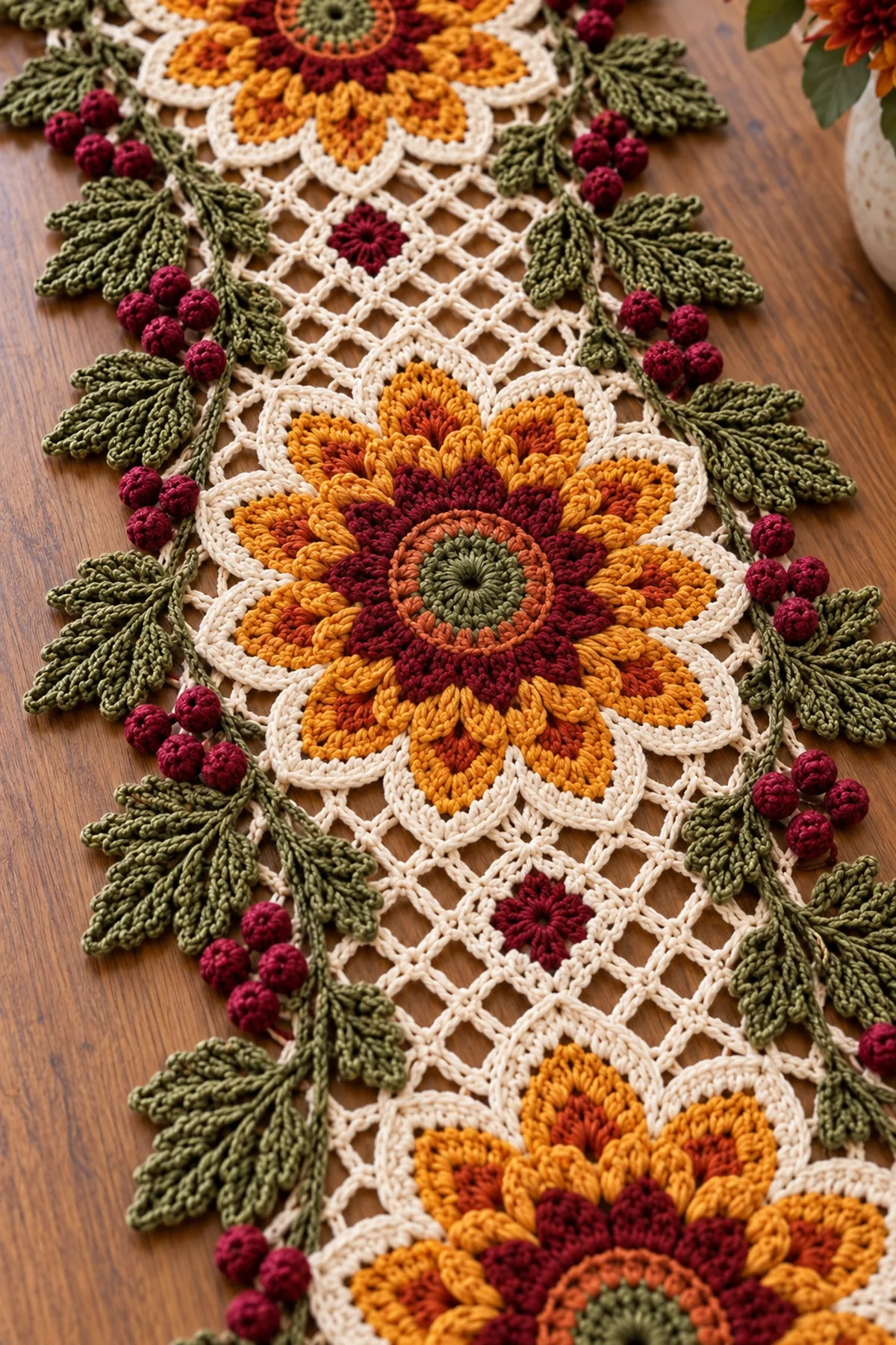 Close-up of sunflower petals diamond mesh olive leaf edging and burgundy berry bobbles