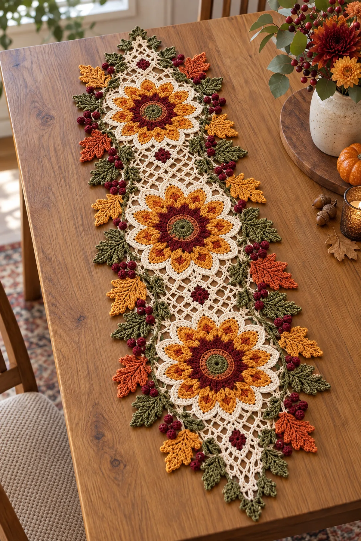 Finished sunflower lace crochet table runner with three medallions continuous cream mesh and olive leaves