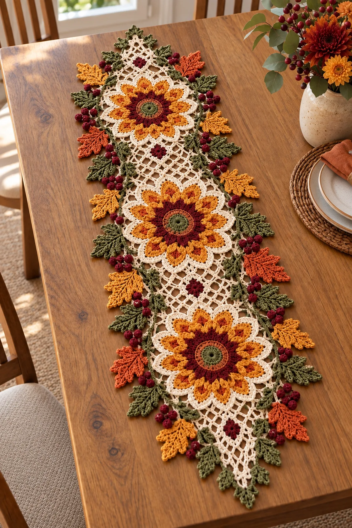 Sunflower lace crochet table runner styled on a warm oak dining table