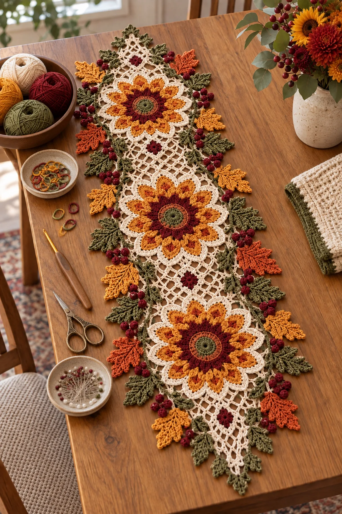 Cream mustard rust olive and burgundy sport cotton crochet hook markers needle scissors and blocking pins