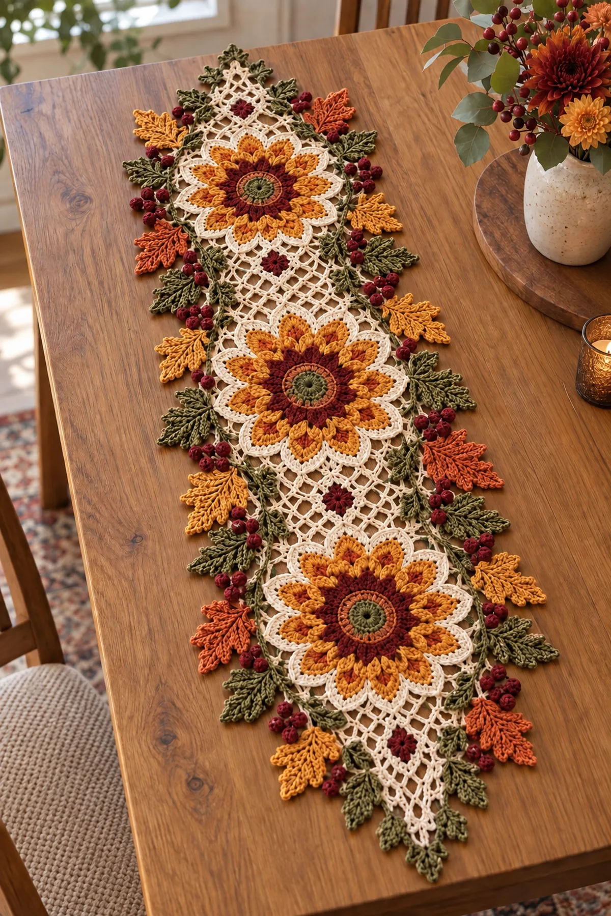 Layered rust and mustard crochet sunflower medallion after six rounds