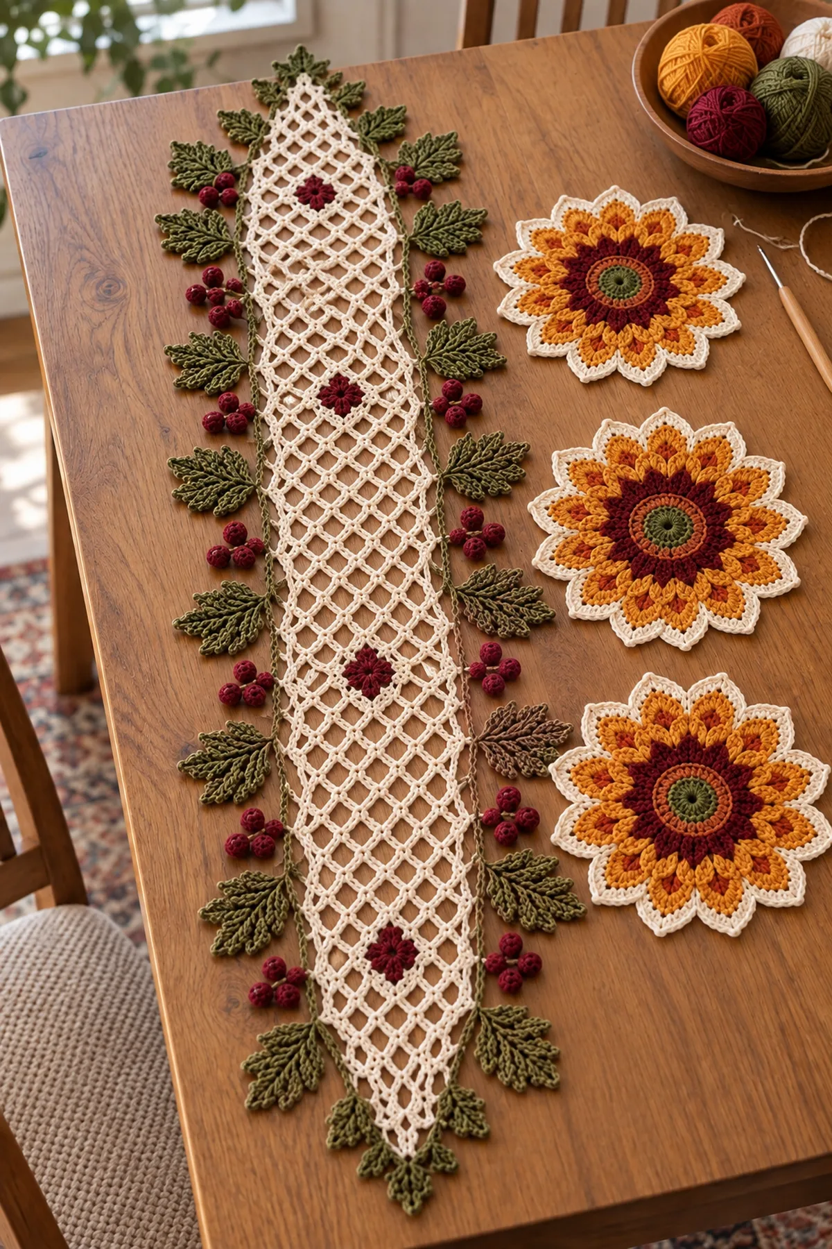Continuous cream diamond mesh strip with three sunflower medallions positioned before sewing