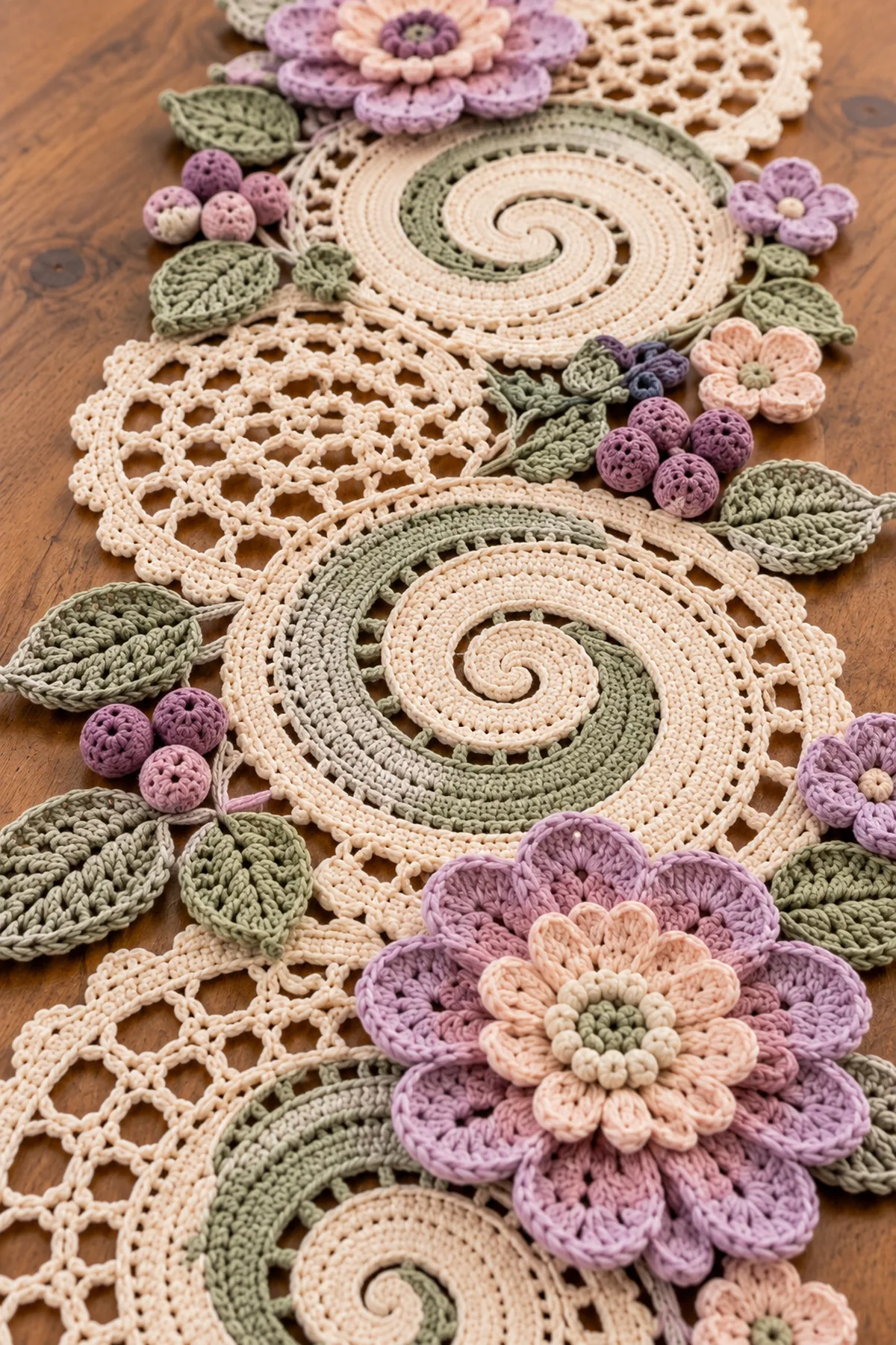 Close-up of spiral lace layered flower ribbed leaves berry bobbles and picot edge