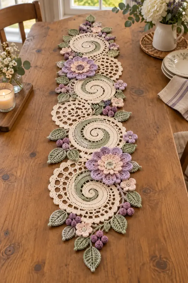 Finished vintage floral crochet lace runner with ivory sage spiral medallions and lavender flowers