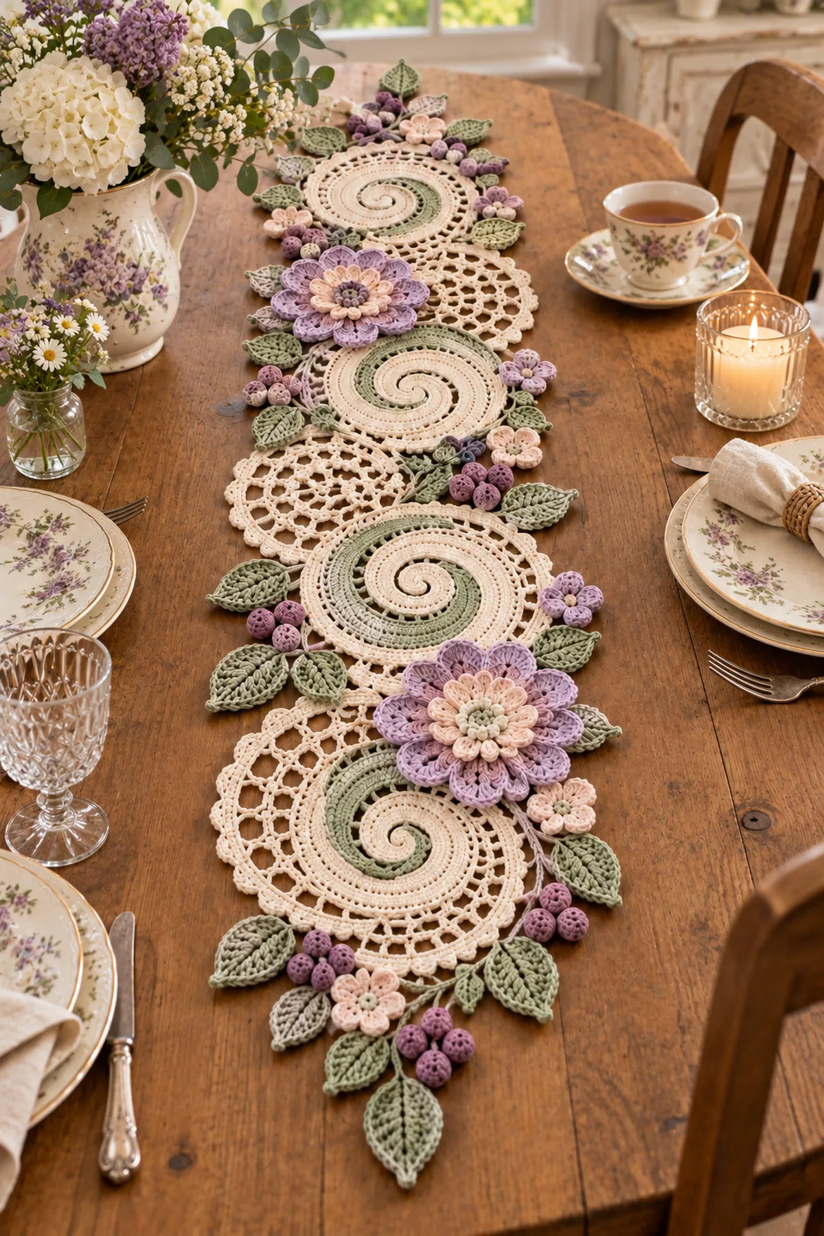 Vintage floral lace crochet table runner styled with floral china on a cottage dining table