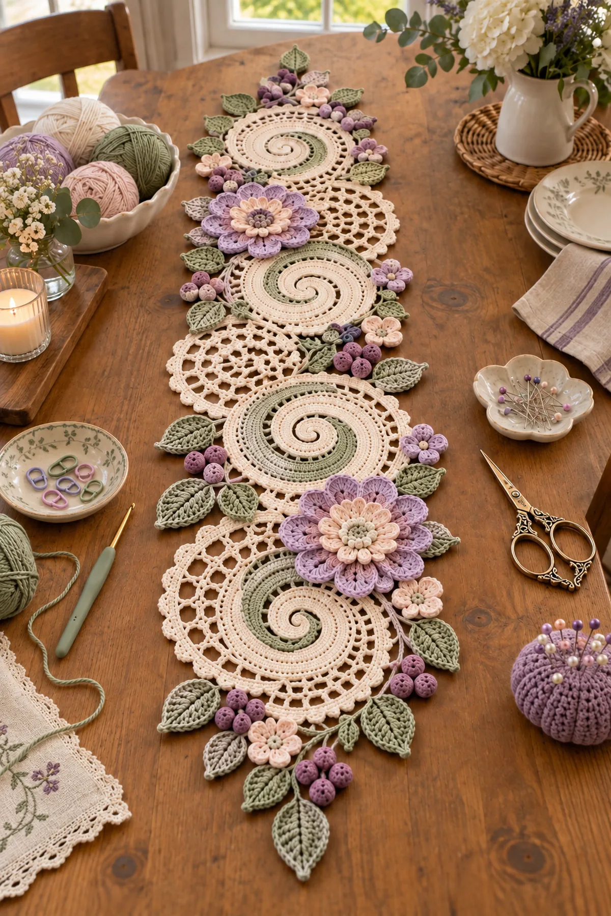 Ivory sage lavender blush and plum sport cotton crochet hook markers needle scissors and blocking pins