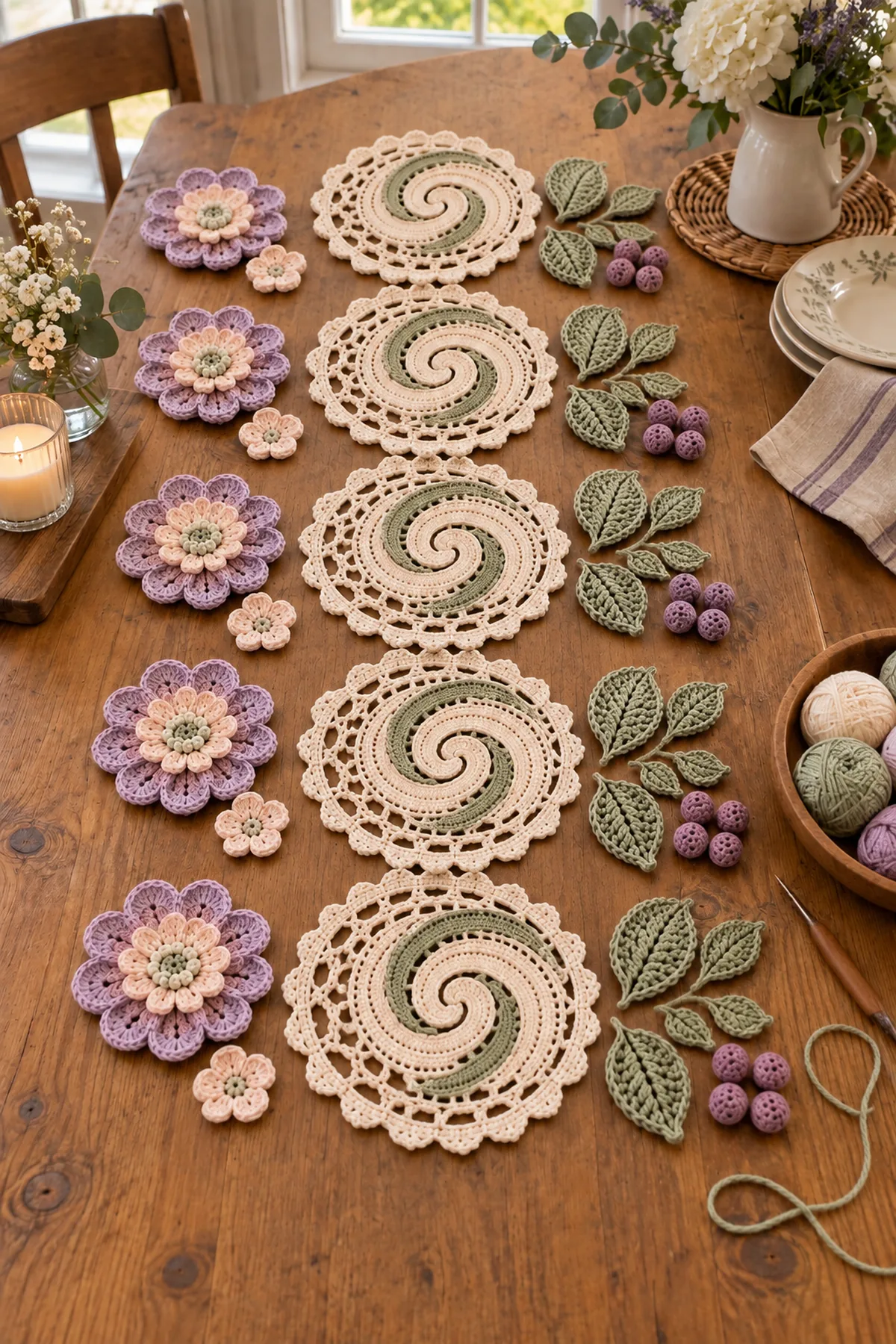 Five spiral lace medallions with flowers leaves and berry clusters arranged before joining